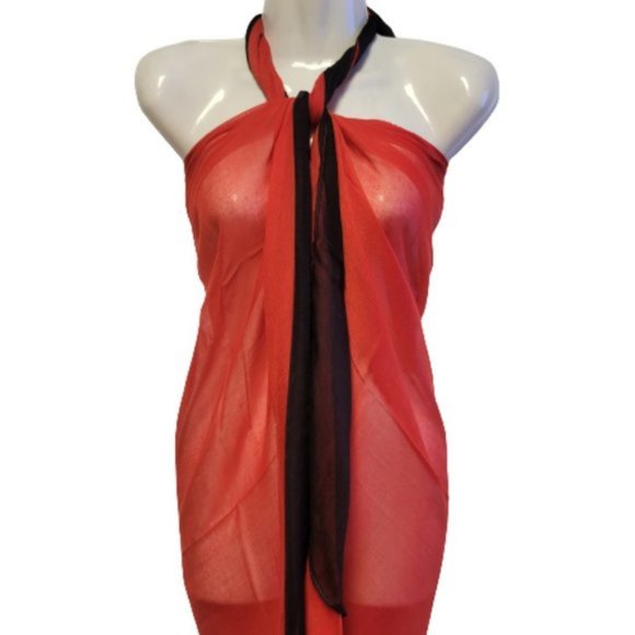 Red Pareo Scarf Sarong Wrapskirt or Sexy Halter Coverup Dress - Picture 3 of 4